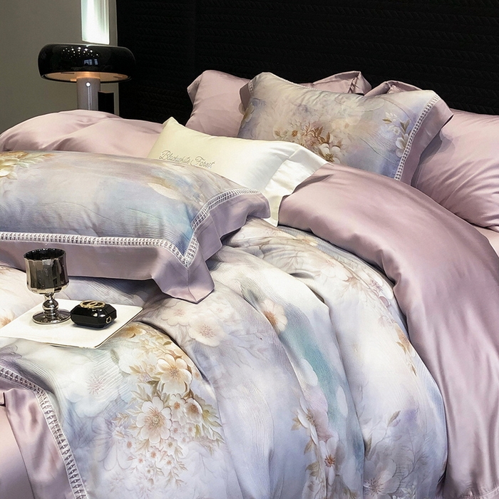 91家纺网 家纺一手货源 找家纺 黑白森林 2026新款轻奢天丝印花四件套 云馥-紫