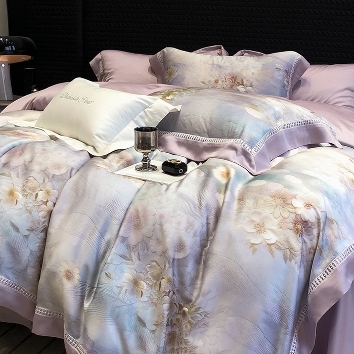 91家纺网 家纺一手货源 找家纺 黑白森林 2026新款轻奢天丝印花四件套 云馥-紫