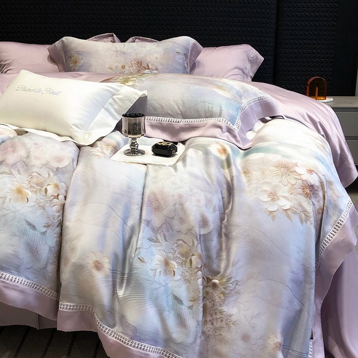 91家纺网 家纺一手货源 找家纺 黑白森林 2026新款轻奢天丝印花四件套 云馥-紫