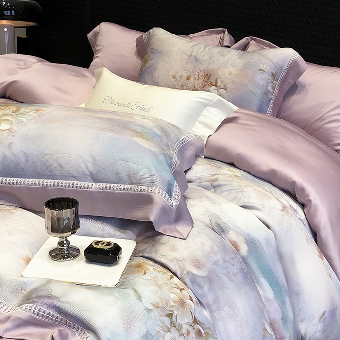 91家纺网 家纺一手货源 找家纺 黑白森林 2026新款轻奢天丝印花四件套 云馥-紫