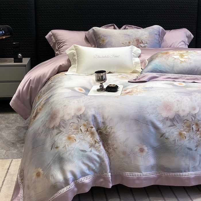 91家纺网 家纺一手货源 找家纺 黑白森林 2026新款轻奢天丝印花四件套 云馥-紫