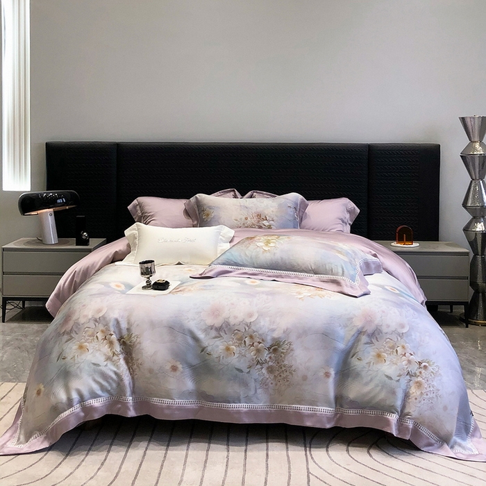 91家纺网 家纺一手货源 找家纺 黑白森林 2026新款轻奢天丝印花四件套 云馥-紫