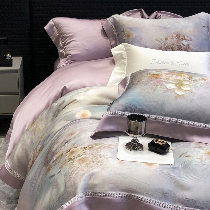 91家纺网 家纺一手货源 找家纺 黑白森林 2026新款轻奢天丝印花四件套 云馥-紫