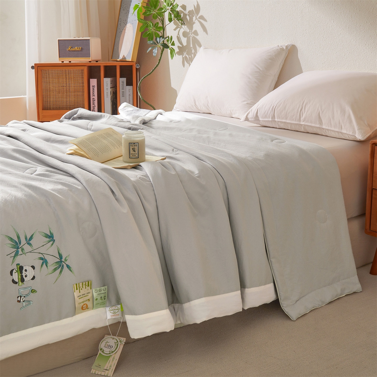 91家纺网 家纺一手货源 找家纺 招财星家纺 2026新款A类凉感竹纤维夏被空调被可机洗水洗夏被单人宿舍薄款被子（带质检报告买家秀） 熊猫-雾灰