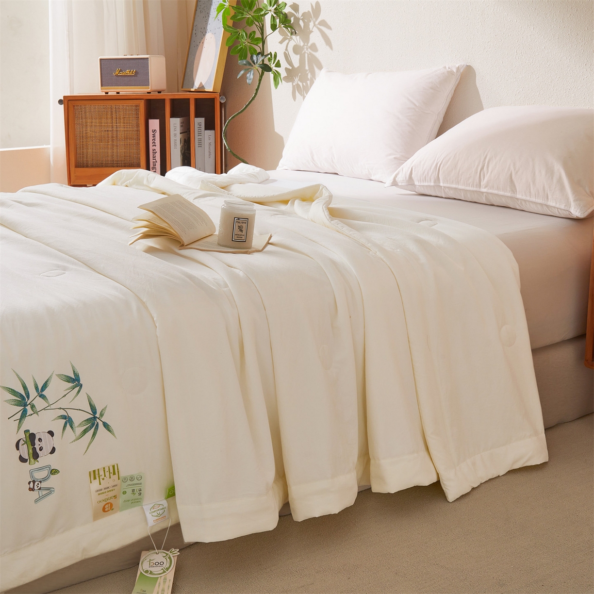 91家纺网 家纺一手货源 找家纺 招财星家纺 2026新款A类凉感竹纤维夏被空调被可机洗水洗夏被单人宿舍薄款被子（带质检报告买家秀） 熊猫-本白