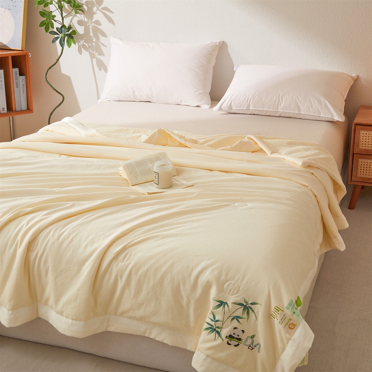 91家纺网 家纺一手货源 找家纺 招财星家纺 2026新款A类凉感竹纤维夏被空调被可机洗水洗夏被单人宿舍薄款被子（带质检报告买家秀） 熊猫-奶油黄