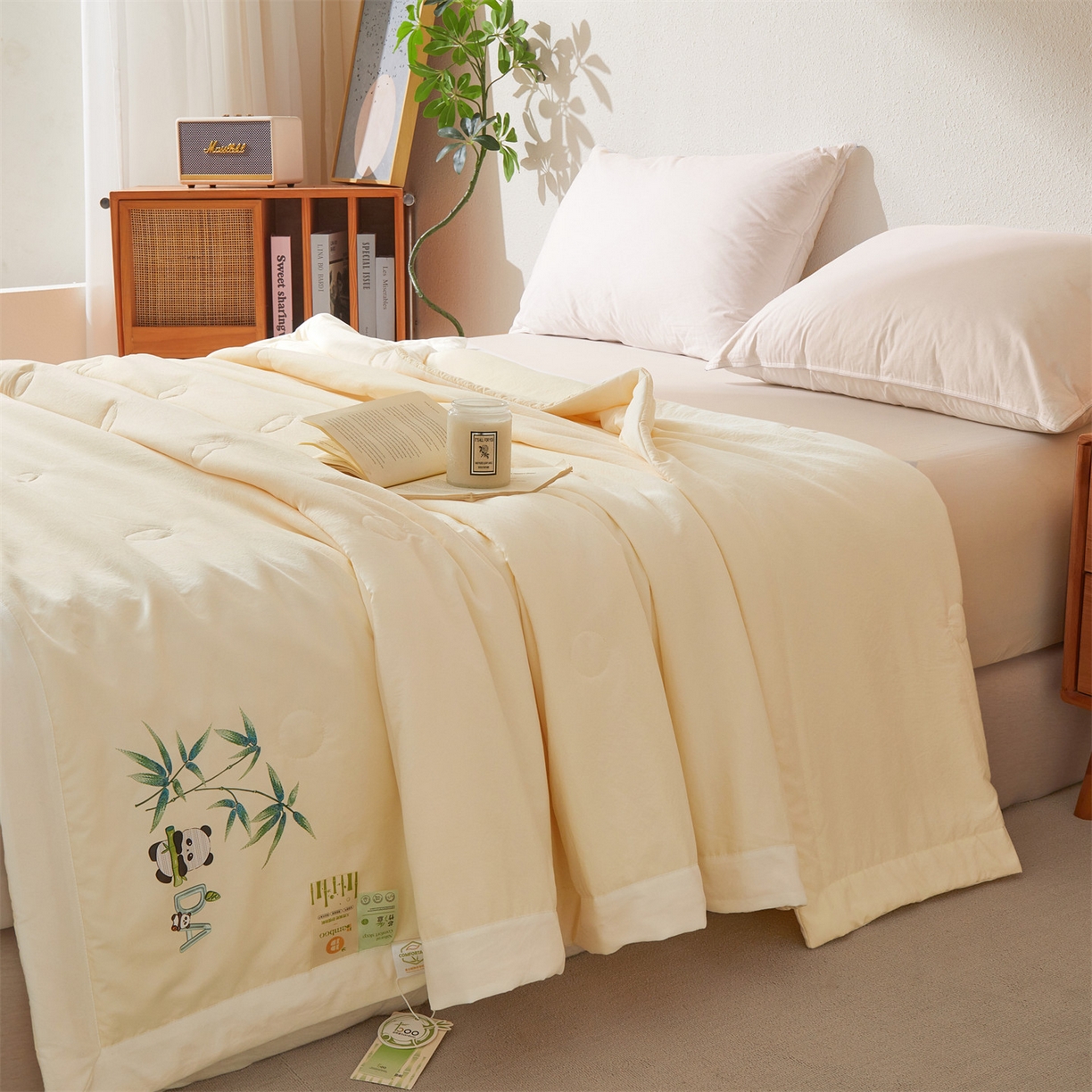 91家纺网 家纺一手货源 找家纺 招财星家纺 2026新款A类凉感竹纤维夏被空调被可机洗水洗夏被单人宿舍薄款被子（带质检报告买家秀） 熊猫-奶油黄