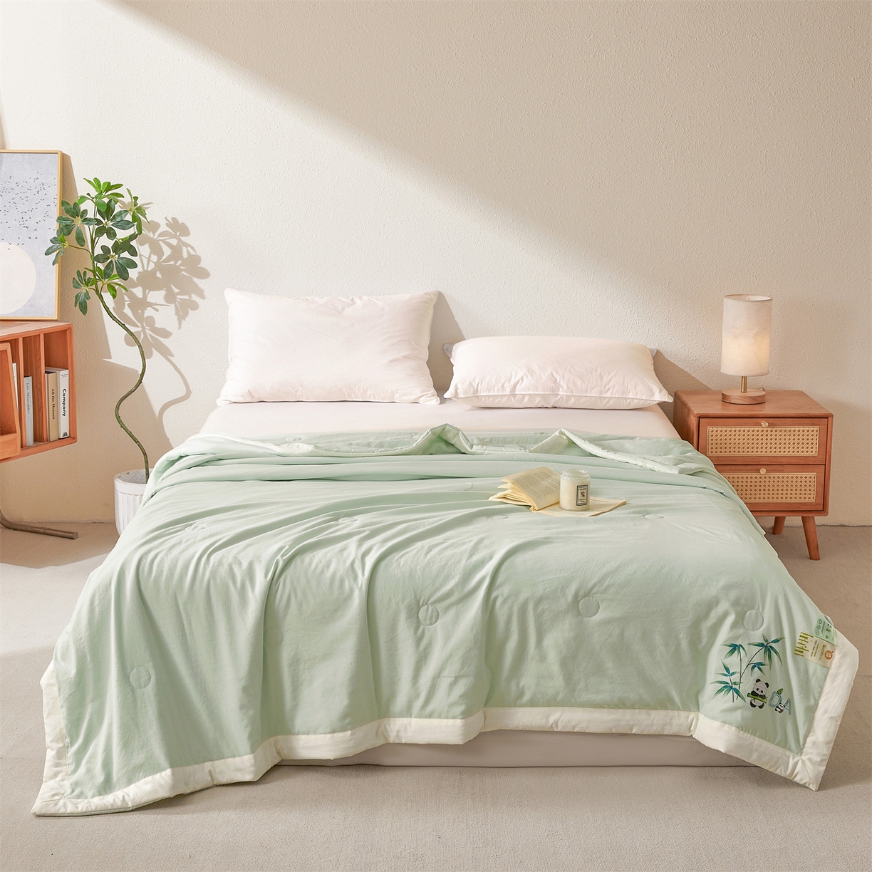 91家纺网 家纺一手货源 找家纺 招财星家纺 2026新款A类凉感竹纤维夏被空调被可机洗水洗夏被单人宿舍薄款被子（带质检报告买家秀） 熊猫-竹绿