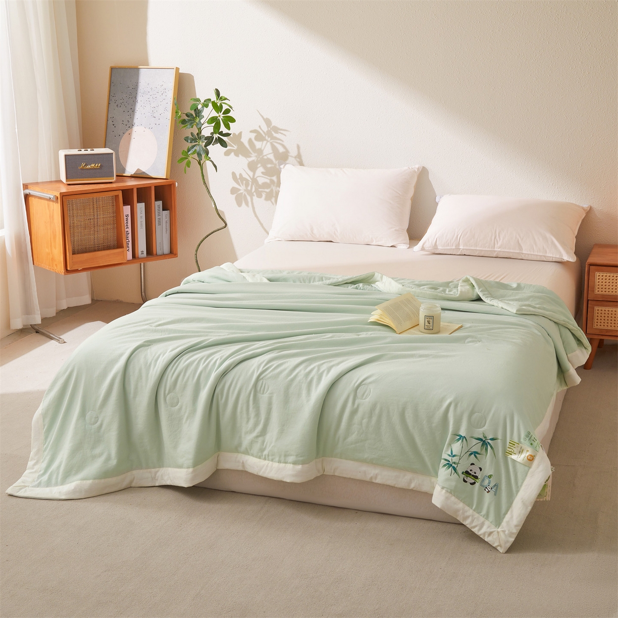 91家纺网 家纺一手货源 找家纺 招财星家纺 2026新款A类凉感竹纤维夏被空调被可机洗水洗夏被单人宿舍薄款被子（带质检报告买家秀） 熊猫-竹绿