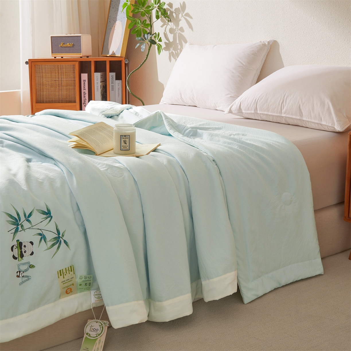 91家纺网 家纺一手货源 找家纺 招财星家纺 2026新款A类凉感竹纤维夏被空调被可机洗水洗夏被单人宿舍薄款被子（带质检报告买家秀） 熊猫-淡水蓝