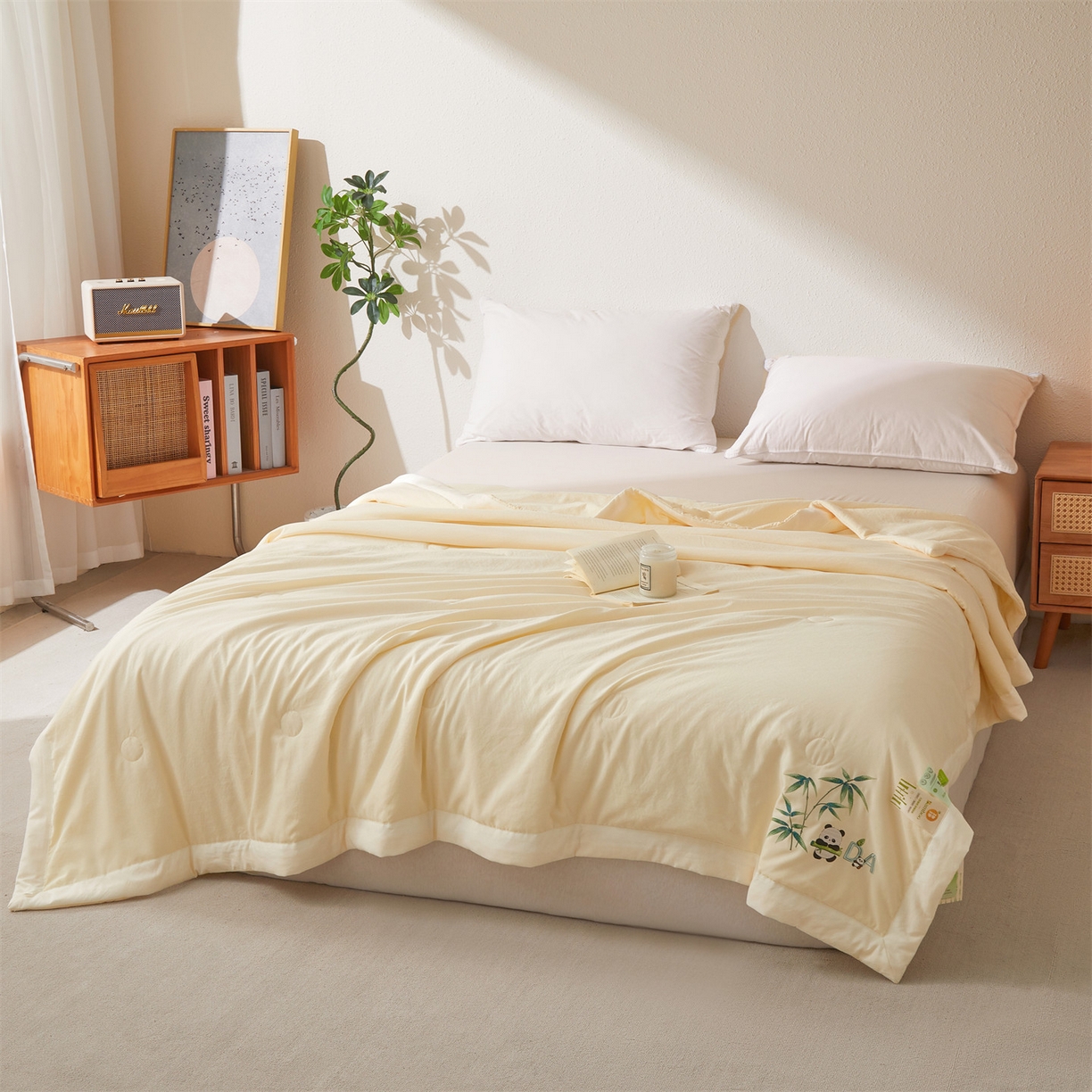 91家纺网 家纺一手货源 找家纺 招财星家纺 2026新款A类凉感竹纤维夏被空调被可机洗水洗夏被单人宿舍薄款被子（带质检报告买家秀） 熊猫-奶油黄