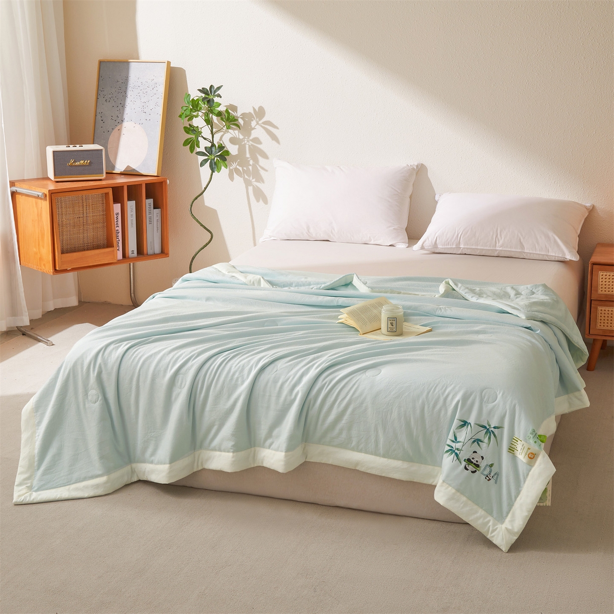 91家纺网 家纺一手货源 找家纺 招财星家纺 2026新款A类凉感竹纤维夏被空调被可机洗水洗夏被单人宿舍薄款被子（带质检报告买家秀） 熊猫-淡水蓝