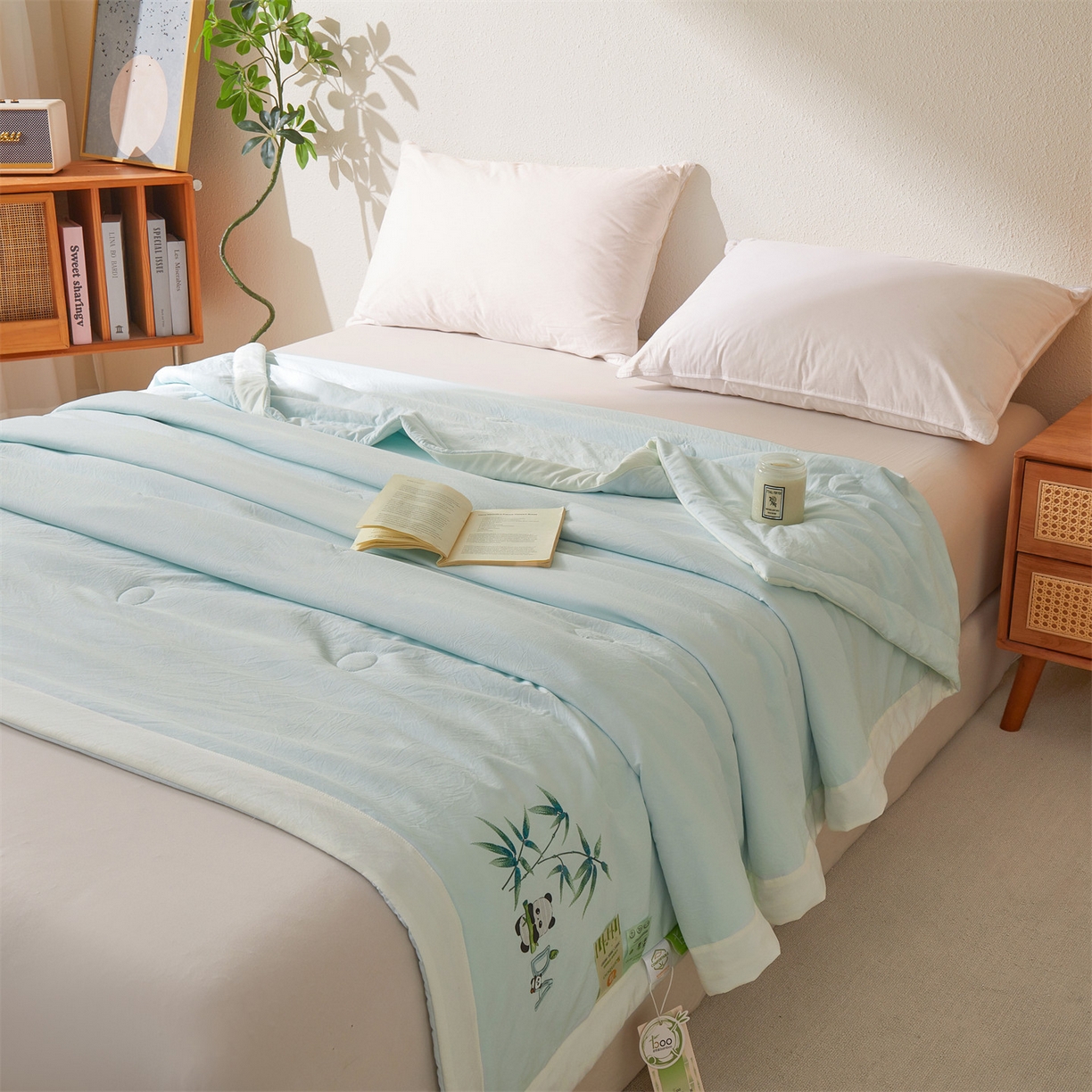 91家纺网 家纺一手货源 找家纺 招财星家纺 2026新款A类凉感竹纤维夏被空调被可机洗水洗夏被单人宿舍薄款被子（带质检报告买家秀） 熊猫-淡水蓝