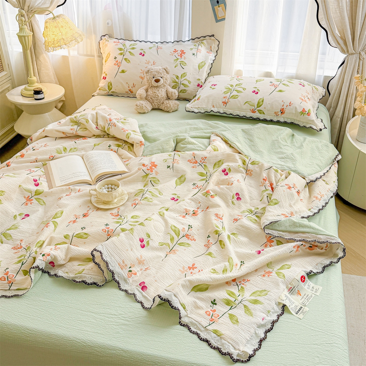 91家纺网 家纺一手货源 找家纺 招财星家纺 2026新款A类全棉花边云感双层纱大豆纤维夏被四件套夏被夏凉被空调被（带质检报告买家秀） 花边款-金枝玉叶