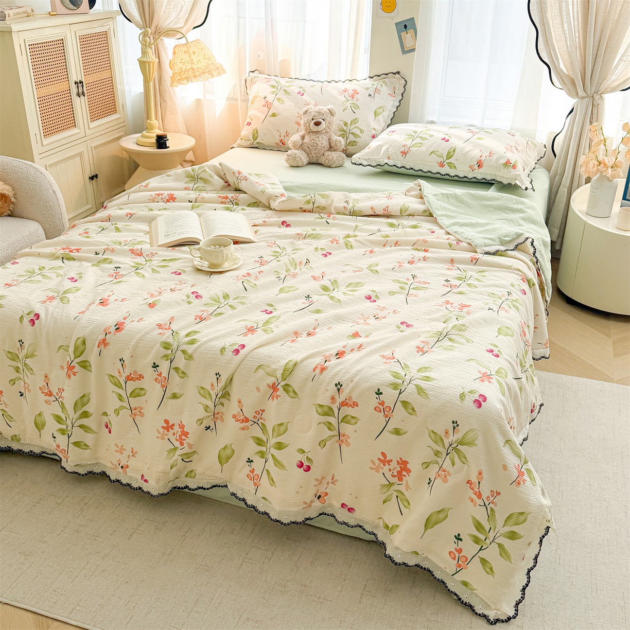 91家纺网 家纺一手货源 找家纺 招财星家纺 2026新款A类全棉花边云感双层纱大豆纤维夏被四件套夏被夏凉被空调被（带质检报告买家秀） 花边款-金枝玉叶