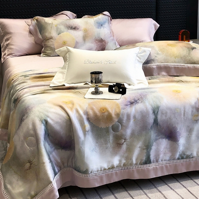 91家纺网 家纺一手货源 找家纺 黑白森林 2026新款天丝印花夏被四件套系列 碧薇-紫