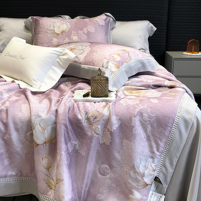 91家纺网 家纺一手货源 找家纺 黑白森林 2026新款天丝印花夏被四件套系列 菡蕾-紫