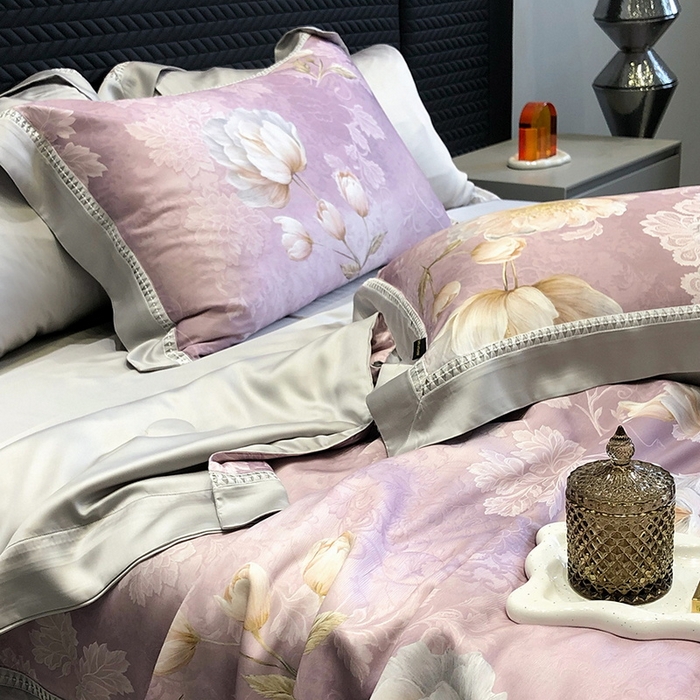 91家纺网 家纺一手货源 找家纺 黑白森林 2026新款天丝印花夏被四件套系列 菡蕾-紫