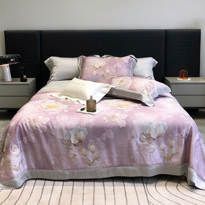 91家纺网 家纺一手货源 找家纺 黑白森林 2026新款天丝印花夏被四件套系列 菡蕾-紫