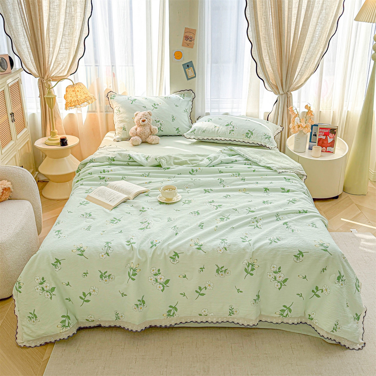 91家纺网 家纺一手货源 找家纺 招财星家纺 2026新款A类全棉花边云感双层纱大豆纤维夏被四件套夏被夏凉被空调被（带质检报告买家秀） 花边款-花季