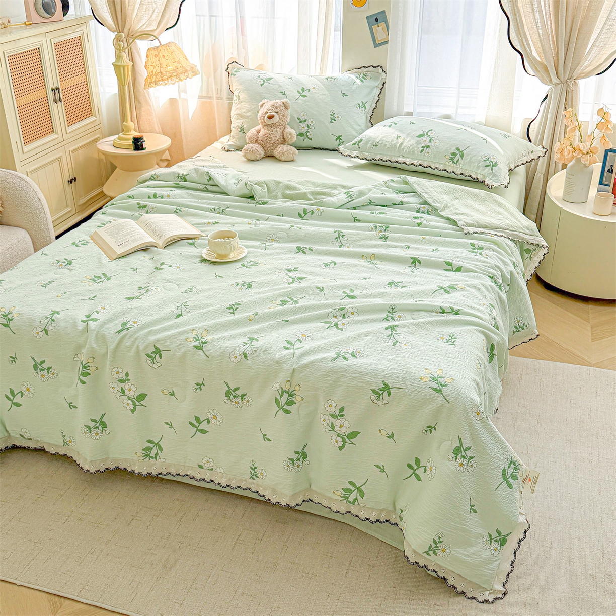 91家纺网 家纺一手货源 找家纺 招财星家纺 2026新款A类全棉花边云感双层纱大豆纤维夏被四件套夏被夏凉被空调被（带质检报告买家秀） 花边款-花季