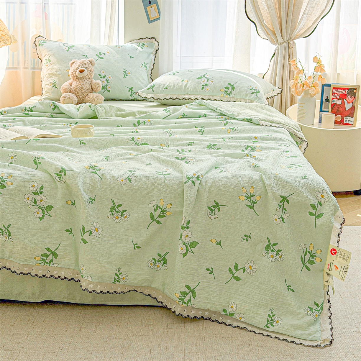 91家纺网 家纺一手货源 找家纺 招财星家纺 2026新款A类全棉花边云感双层纱大豆纤维夏被四件套夏被夏凉被空调被（带质检报告买家秀） 花边款-花季