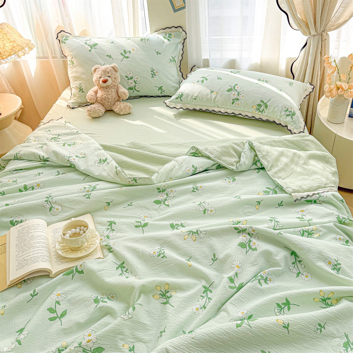 91家纺网 家纺一手货源 找家纺 招财星家纺 2026新款A类全棉花边云感双层纱大豆纤维夏被四件套夏被夏凉被空调被（带质检报告买家秀） 花边款-花季