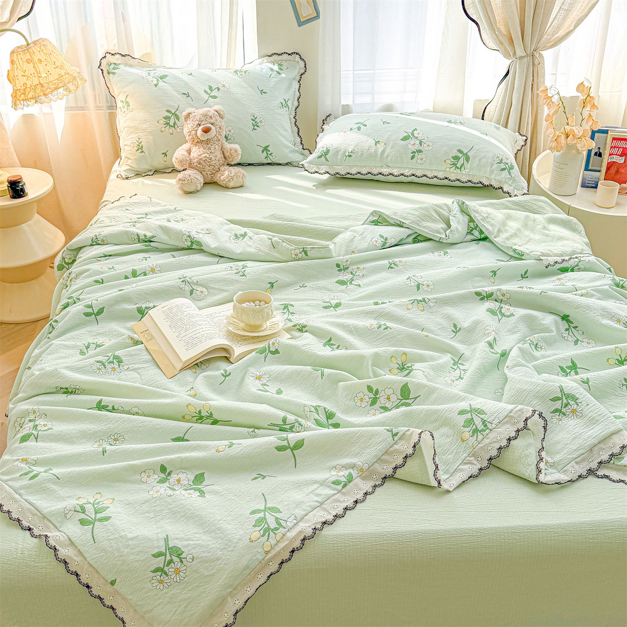 91家纺网 家纺一手货源 找家纺 招财星家纺 2026新款A类全棉花边云感双层纱大豆纤维夏被四件套夏被夏凉被空调被（带质检报告买家秀） 花边款-花季