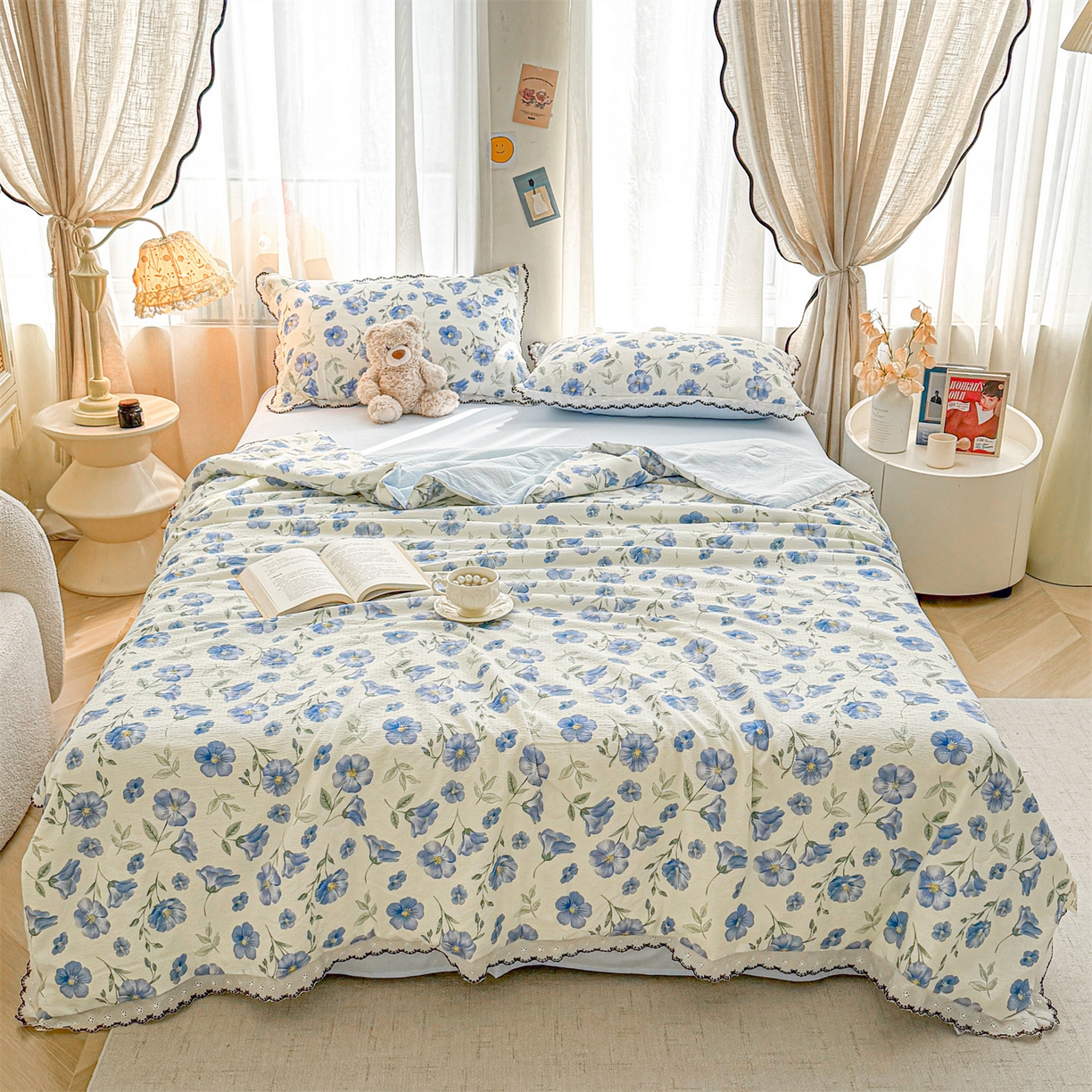 91家纺网 家纺一手货源 找家纺 招财星家纺 2026新款A类全棉花边云感双层纱大豆纤维夏被四件套夏被夏凉被空调被（带质检报告买家秀） 花边款-花语