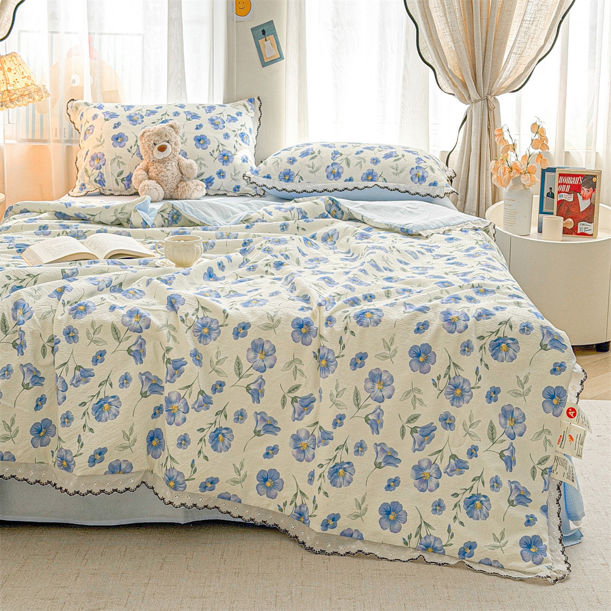 91家纺网 家纺一手货源 找家纺 招财星家纺 2026新款A类全棉花边云感双层纱大豆纤维夏被四件套夏被夏凉被空调被（带质检报告买家秀） 花边款-花语