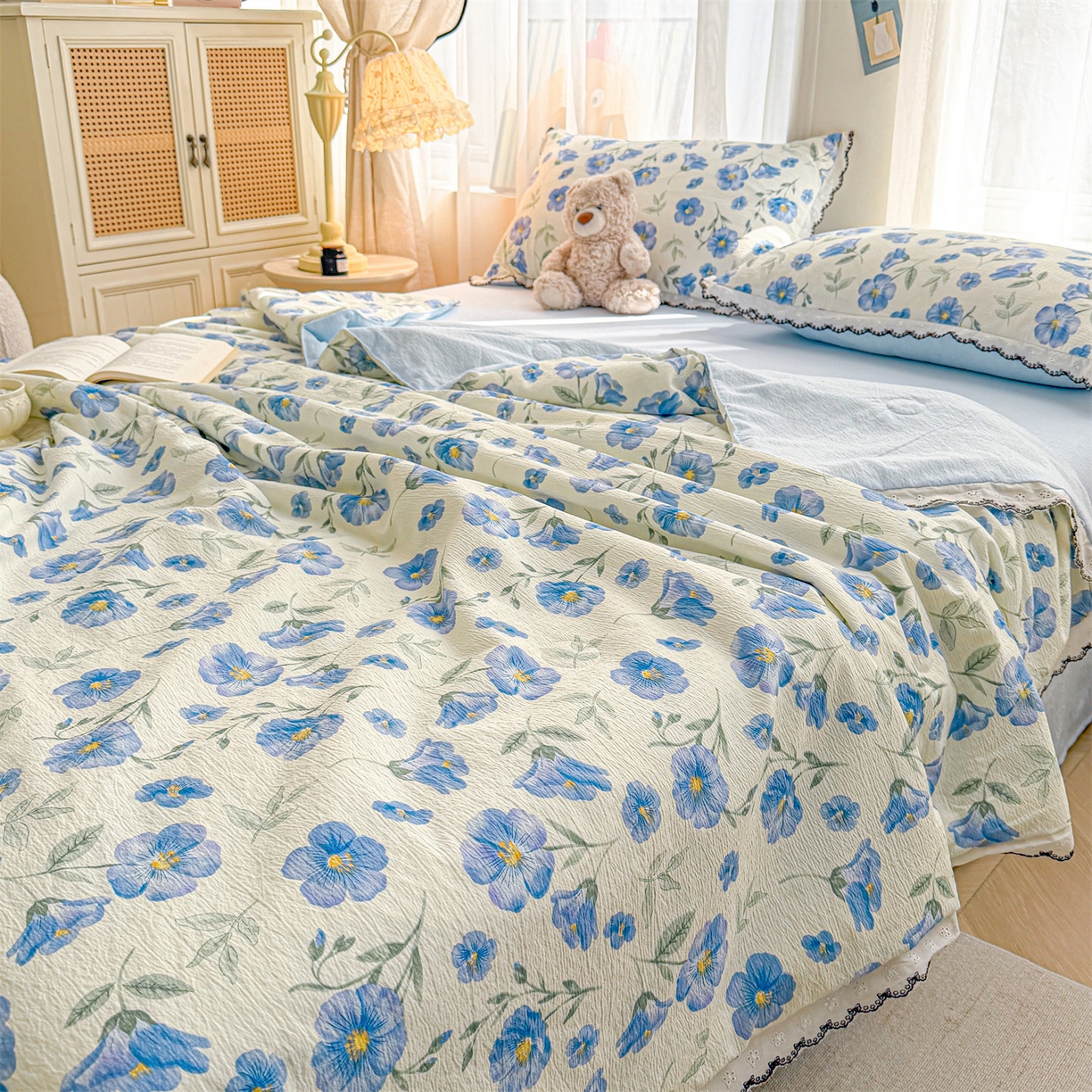 91家纺网 家纺一手货源 找家纺 招财星家纺 2026新款A类全棉花边云感双层纱大豆纤维夏被四件套夏被夏凉被空调被（带质检报告买家秀） 花边款-花语