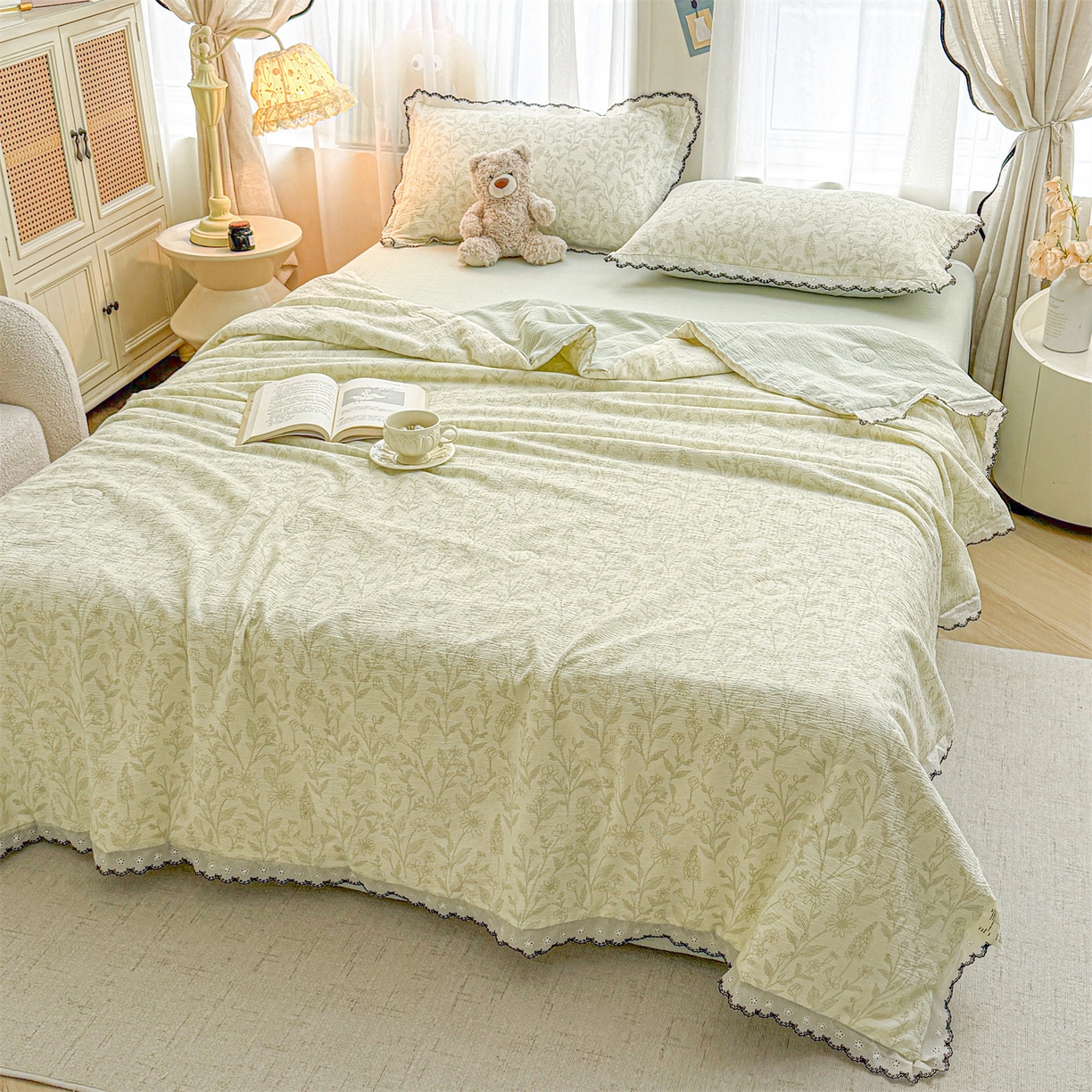 91家纺网 家纺一手货源 找家纺 招财星家纺 2026新款A类全棉花边云感双层纱大豆纤维夏被四件套夏被夏凉被空调被（带质检报告买家秀） 花边款-绿曼