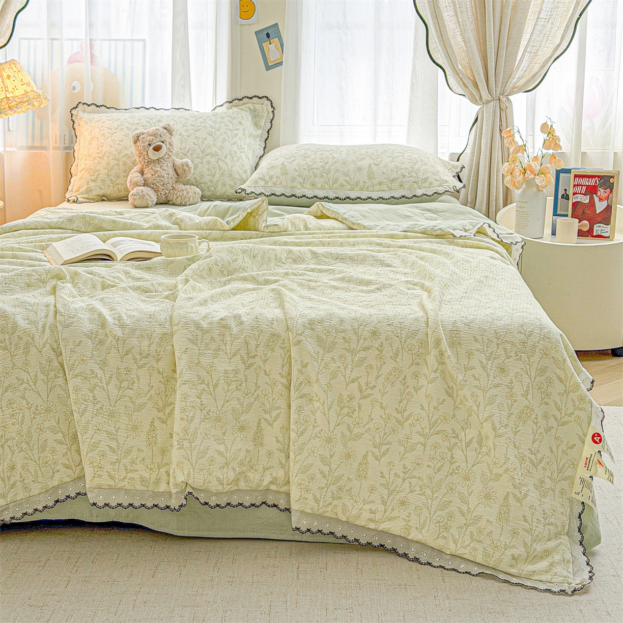 91家纺网 家纺一手货源 找家纺 招财星家纺 2026新款A类全棉花边云感双层纱大豆纤维夏被四件套夏被夏凉被空调被（带质检报告买家秀） 花边款-绿曼