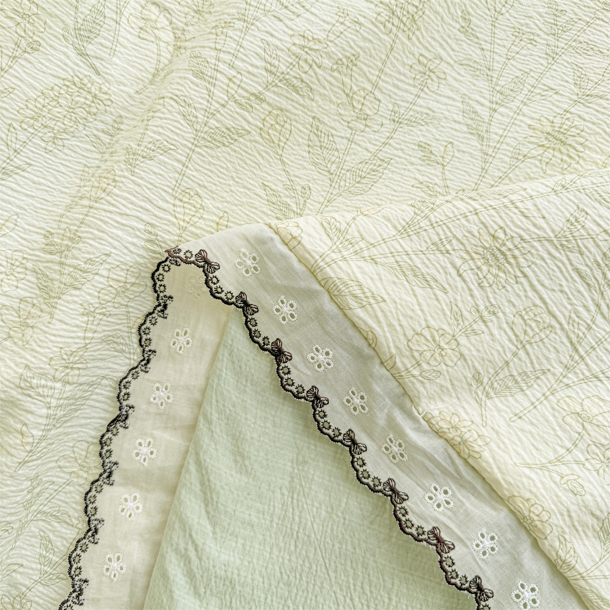 91家纺网 家纺一手货源 找家纺 招财星家纺 2026新款A类全棉花边云感双层纱大豆纤维夏被四件套夏被夏凉被空调被（带质检报告买家秀） 花边款-绿曼