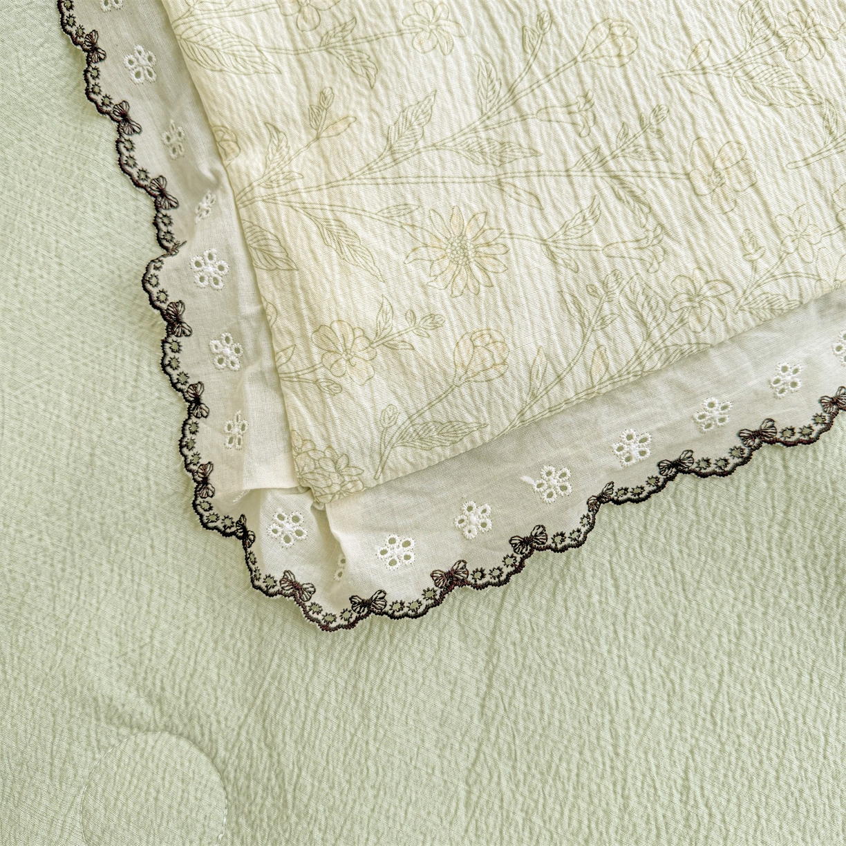 91家纺网 家纺一手货源 找家纺 招财星家纺 2026新款A类全棉花边云感双层纱大豆纤维夏被四件套夏被夏凉被空调被（带质检报告买家秀） 花边款-绿曼