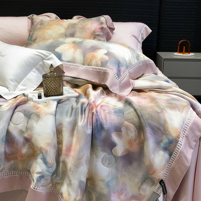 91家纺网 家纺一手货源 找家纺 黑白森林 2026新款天丝印花夏被四件套系列 梦境-粉