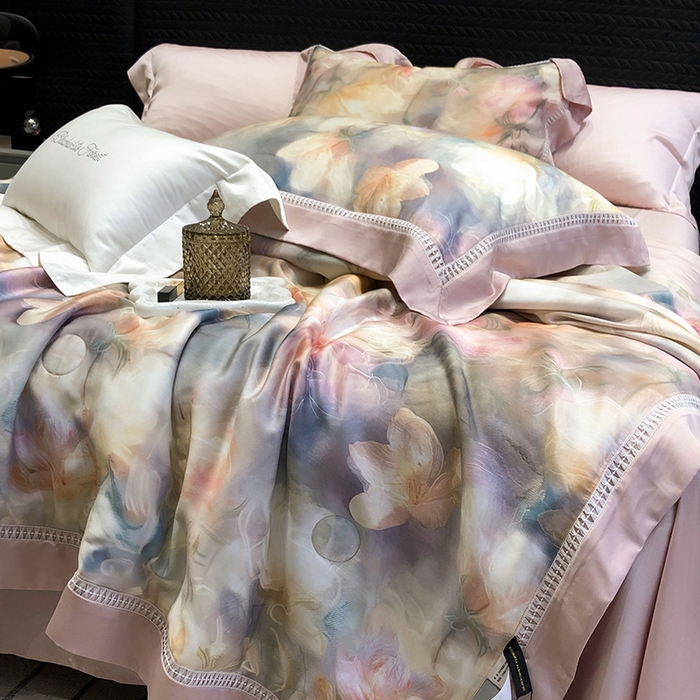 91家纺网 家纺一手货源 找家纺 黑白森林 2026新款天丝印花夏被四件套系列 梦境-粉