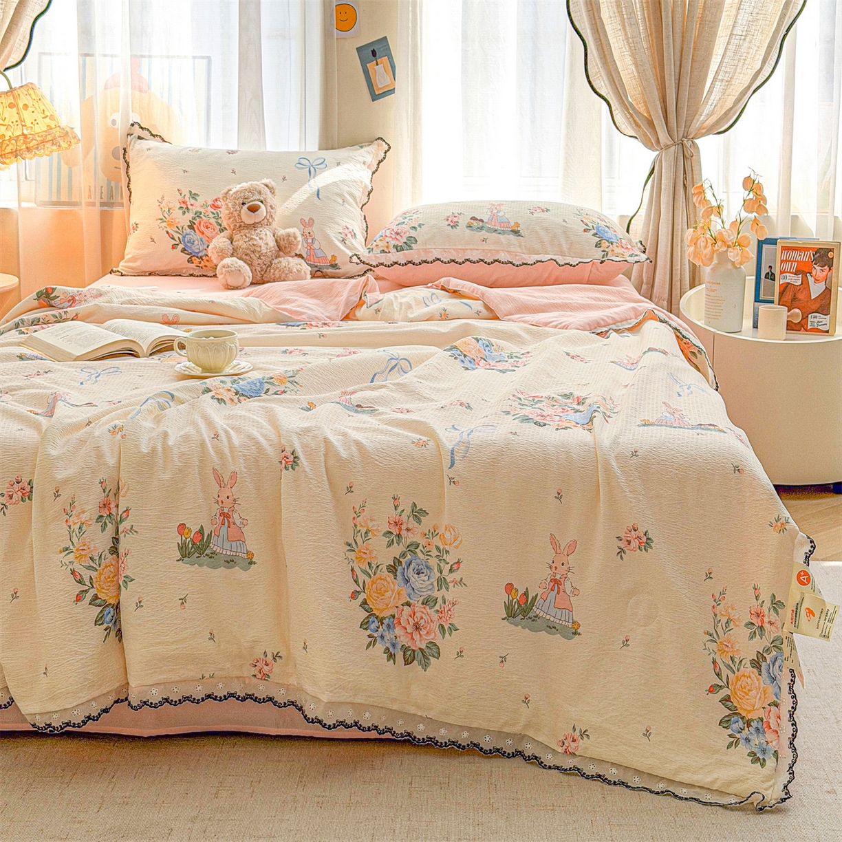 91家纺网 家纺一手货源 找家纺 招财星家纺 2026新款A类全棉花边云感双层纱大豆纤维夏被四件套夏被夏凉被空调被（带质检报告买家秀） 花边款-萌宠花园