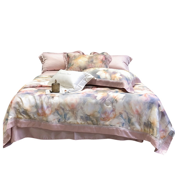 91家纺网 家纺一手货源 找家纺 黑白森林 2026新款天丝印花夏被四件套系列 梦境-粉