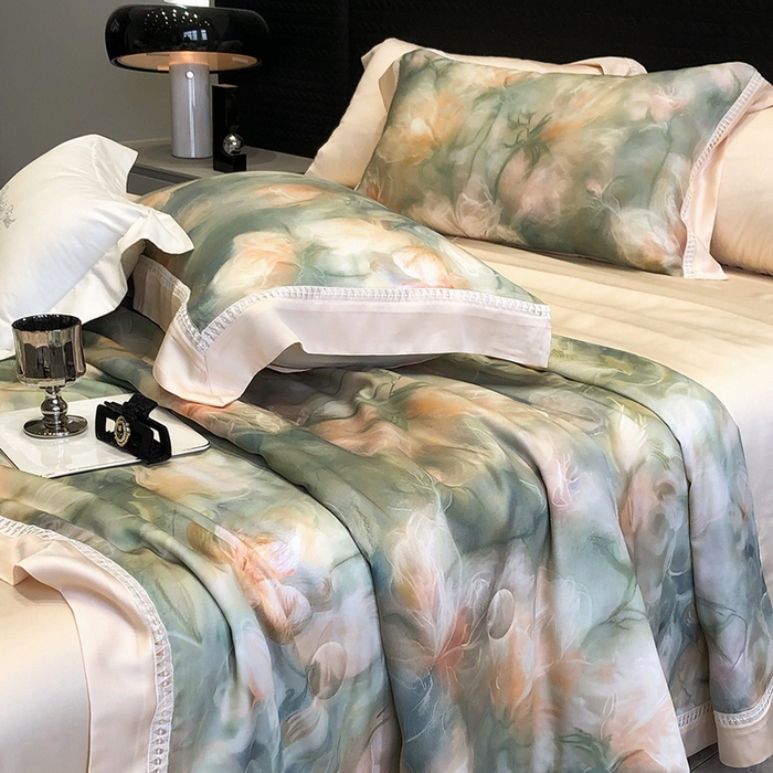 91家纺网 家纺一手货源 找家纺 黑白森林 2026新款天丝印花夏被四件套系列 梦境-绿