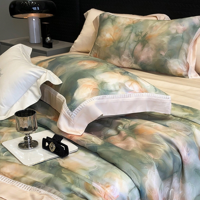 91家纺网 家纺一手货源 找家纺 黑白森林 2026新款天丝印花夏被四件套系列 梦境-绿