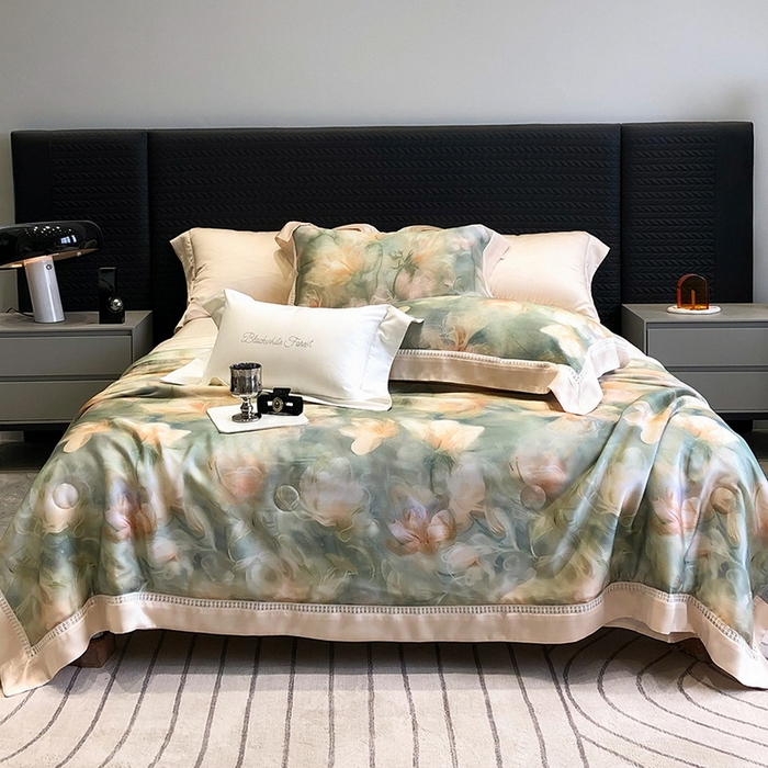 91家纺网 家纺一手货源 找家纺 黑白森林 2026新款天丝印花夏被四件套系列 梦境-绿