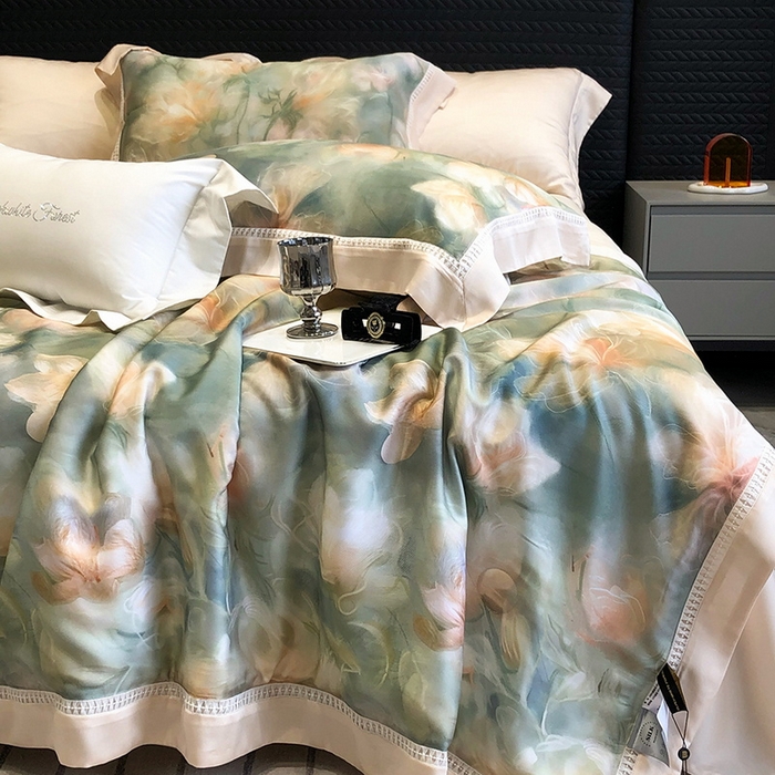 91家纺网 家纺一手货源 找家纺 黑白森林 2026新款天丝印花夏被四件套系列 梦境-绿