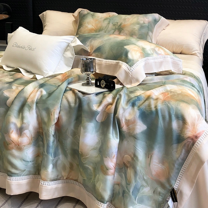 91家纺网 家纺一手货源 找家纺 黑白森林 2026新款天丝印花夏被四件套系列 梦境-绿