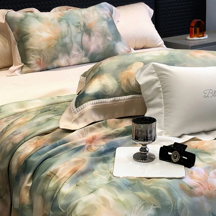 91家纺网 家纺一手货源 找家纺 黑白森林 2026新款天丝印花夏被四件套系列 梦境-绿