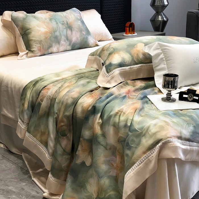 91家纺网 家纺一手货源 找家纺 黑白森林 2026新款天丝印花夏被四件套系列 梦境-绿