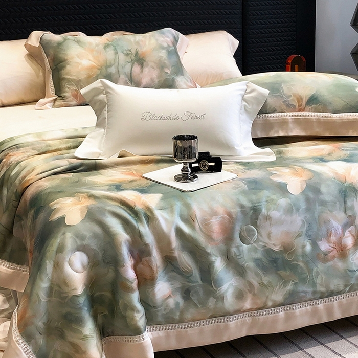 91家纺网 家纺一手货源 找家纺 黑白森林 2026新款天丝印花夏被四件套系列 梦境-绿