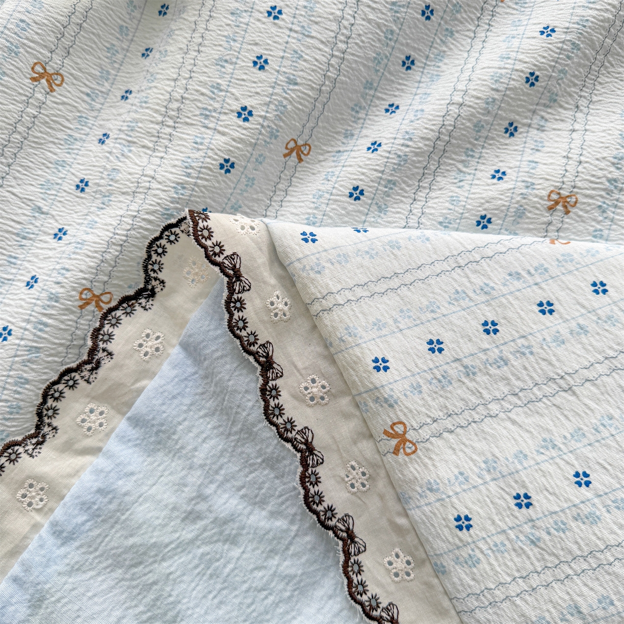 91家纺网 家纺一手货源 找家纺 招财星家纺 2026新款A类全棉花边云感双层纱大豆纤维夏被四件套夏被夏凉被空调被（带质检报告买家秀） 花边款-幸运结-蓝