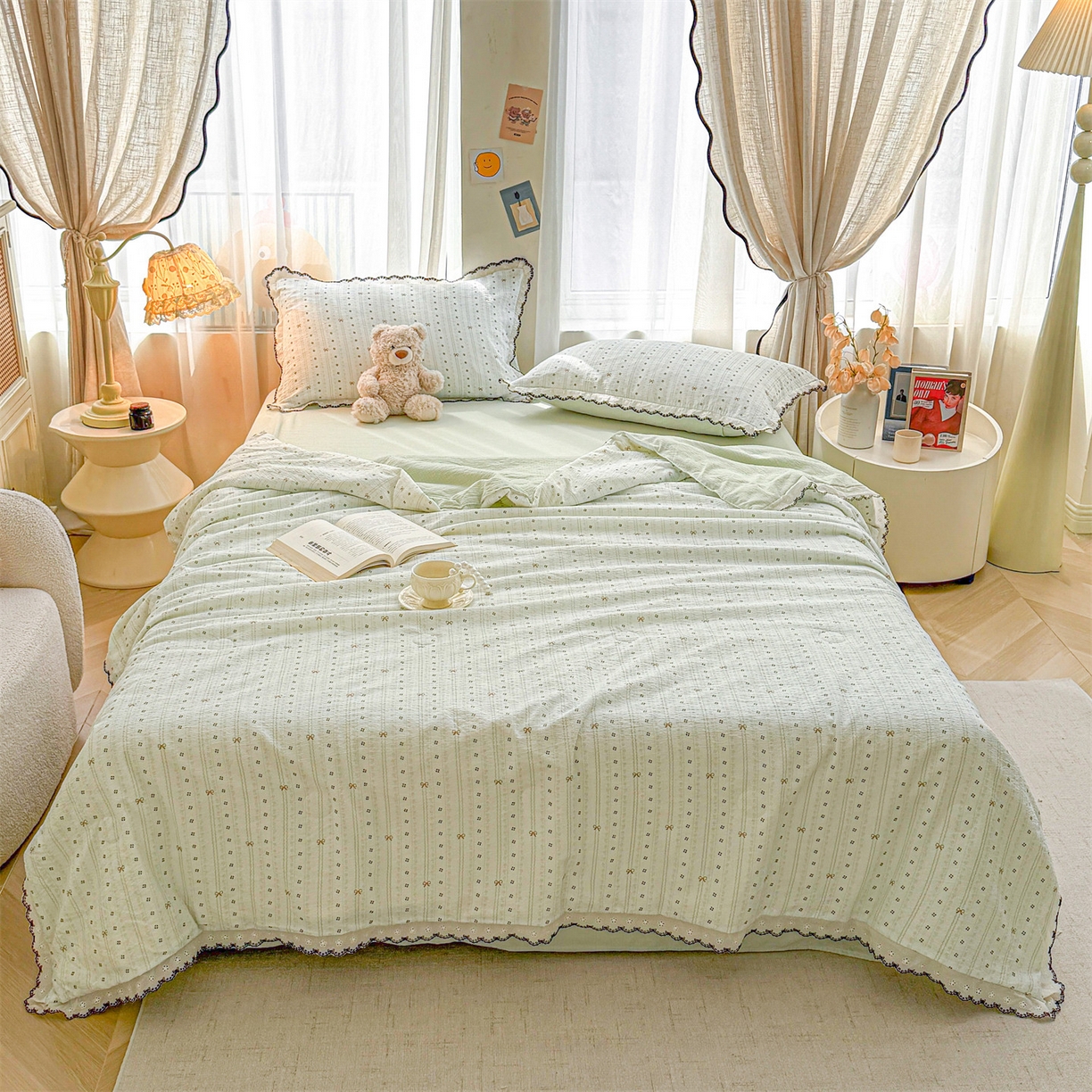 91家纺网 家纺一手货源 找家纺 招财星家纺 2026新款A类全棉花边云感双层纱大豆纤维夏被四件套夏被夏凉被空调被（带质检报告买家秀） 花边款-幸运结-绿