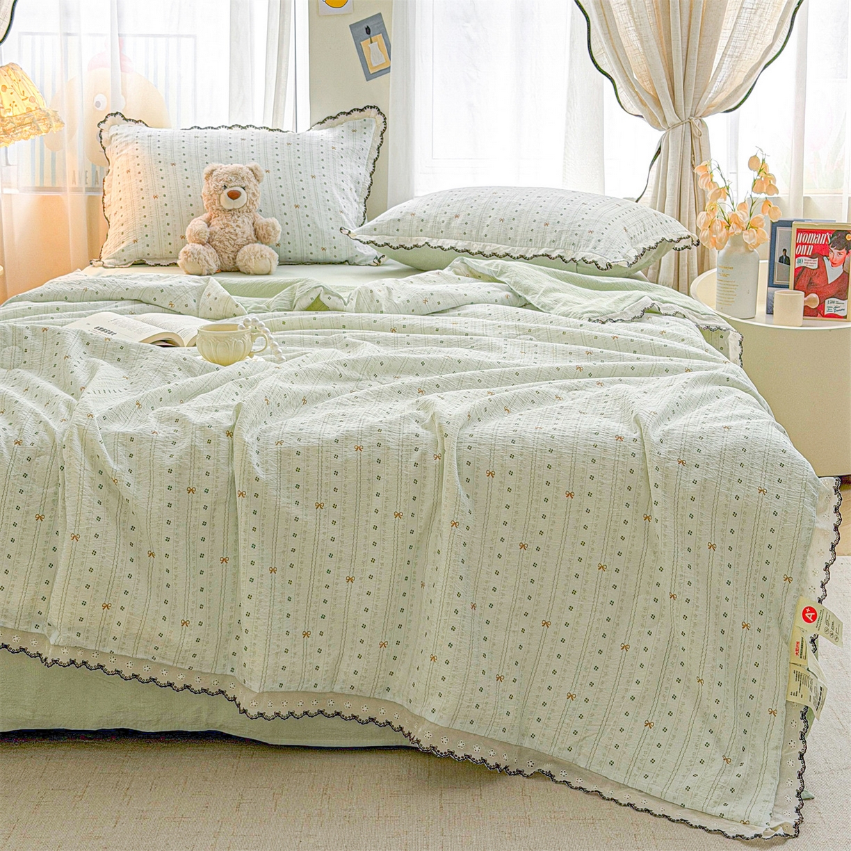 91家纺网 家纺一手货源 找家纺 招财星家纺 2026新款A类全棉花边云感双层纱大豆纤维夏被四件套夏被夏凉被空调被（带质检报告买家秀） 花边款-幸运结-绿